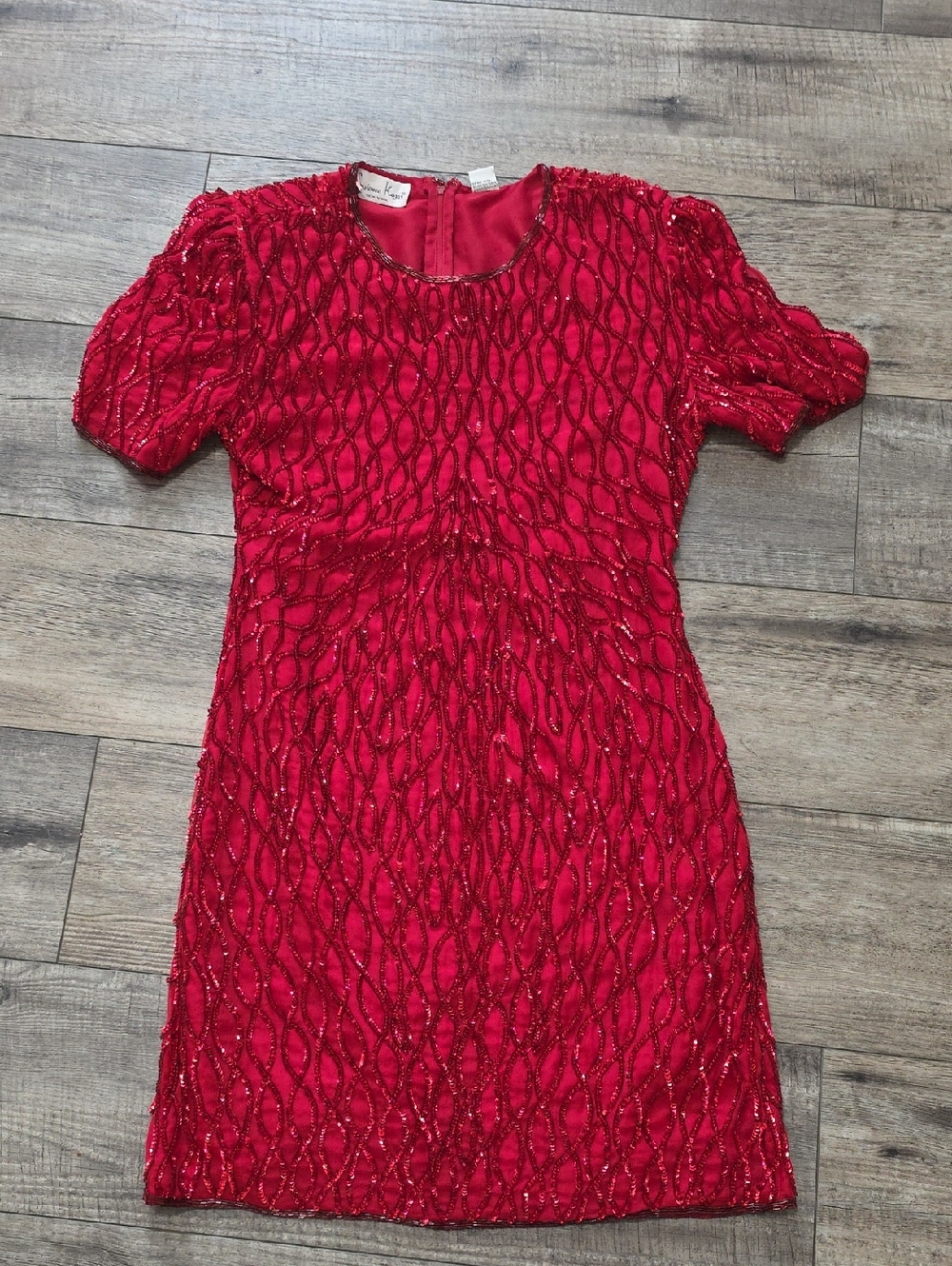 Vintage Laurence Kazar Cocktail 100% Silk Red Sequin Beaded Dress - Picture 1 of 16